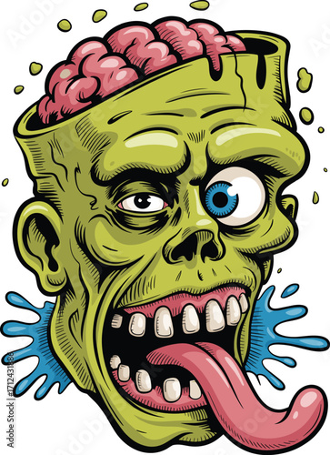 Grotesque zombie cartoon head, horror illustration, green monster face, exposed brain, slime splash, Halloween art, surreal graphic, creepy character