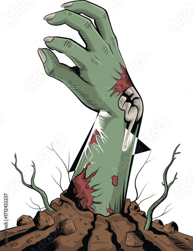 Grotesque zombie cartoon head, horror illustration, green monster face, exposed brain, slime splash, Halloween art, surreal graphic, creepy character