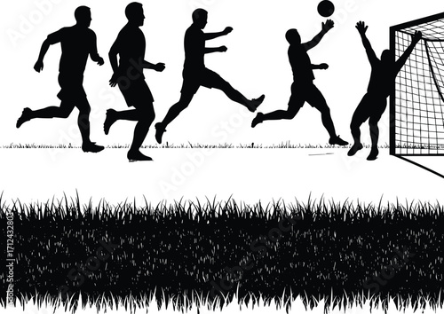 Silhouette soccer players in action, goalkeeper diving to save ball, dramatic goal attempt, black and white sports illustration, grass field