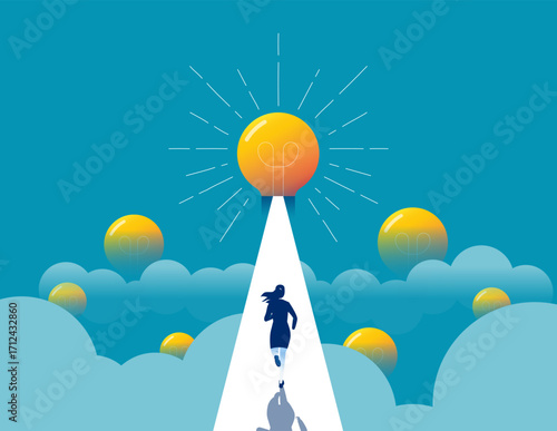 Great idea. Businesswoman running to big light bulb