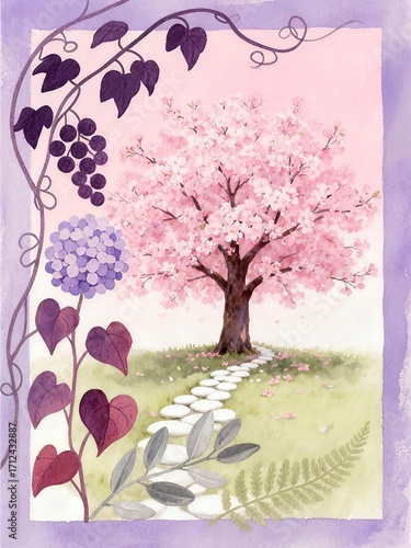 A vibrant watercolor illustration of a blooming cherry tree with a winding path.