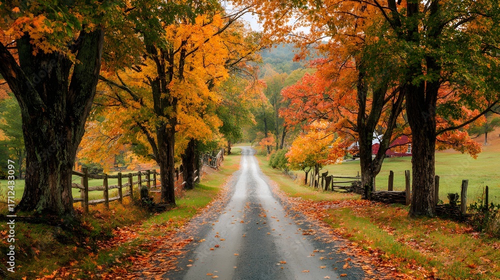 Naklejka premium autumn landscape with country road lined with colorful foliage