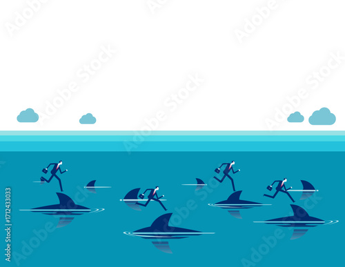 Financial risk. Successful business people running on top of sharks in the danger sea water.
