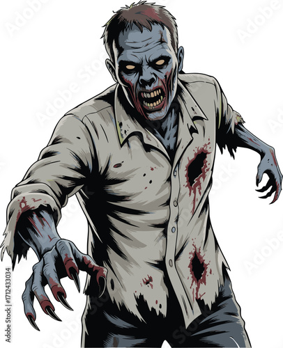 Zombie illustration, horror character, undead monster, scary creature, Halloween art, blood-stained shirt, glowing eyes, aggressive pose, eerie atmosphere, digital drawing