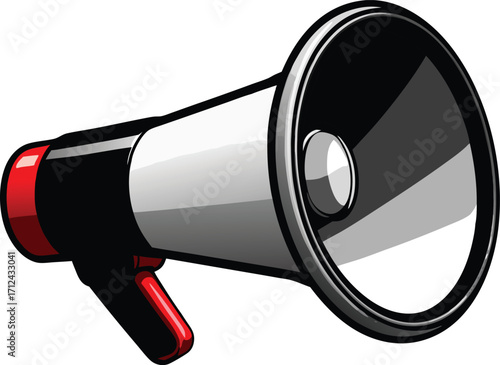 A 3D red and white megaphone icon is isolated on a white background, perfect for announcing news or public messages