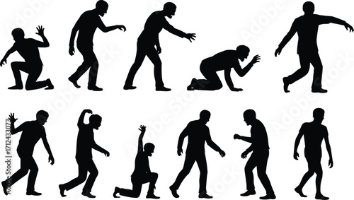 Zombie silhouette poses, walking undead, horror movement, creepy character, Halloween design, scary animation, black figure, eerie motion, vector illustration, spooky
