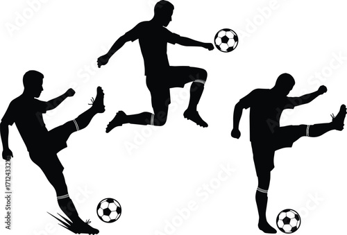 Silhouette soccer players kicking ball, dynamic action poses, black white contrast, sports movement, athletic energy, football icon illustration, isolated