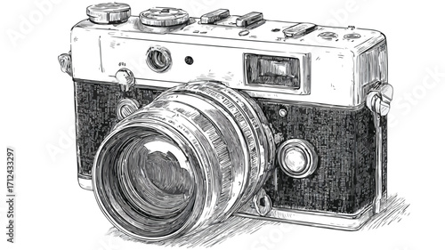 Engraved Style Modern Photo Camera Vector Illustration