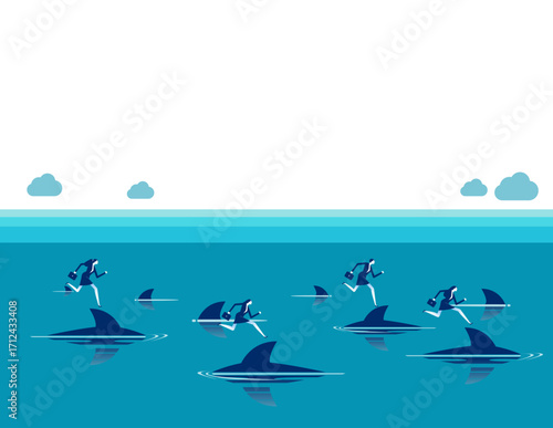 Financial risk. Successful business people running on top of sharks in the danger sea water.