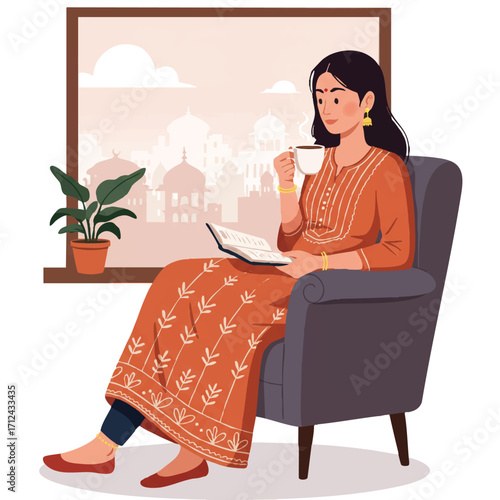 Flat 2D vector of a woman in an elegant kurta relaxing on a comfortable chair, sipping chai and reading a book, with a vibrant cityscape through a window.