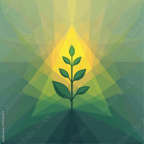 Geometric vector of abstract photosynthesis with triangular rays and seedling  