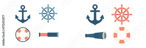 Nautical symbols representing maritime themes and activities on a simple background