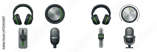 Modern digital sound control components featuring headphones, microphones, volume knobs, and audio faders