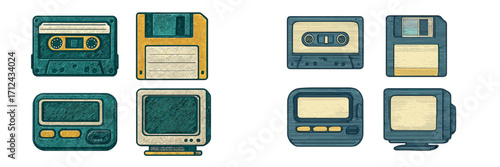 Collection of retro electronic devices including cassette tapes, floppy disks, pagers, and CRT monitors on a white background