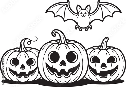 Spooky Halloween Pumpkin and Flying Bat Silhouette Collection Vector Icons