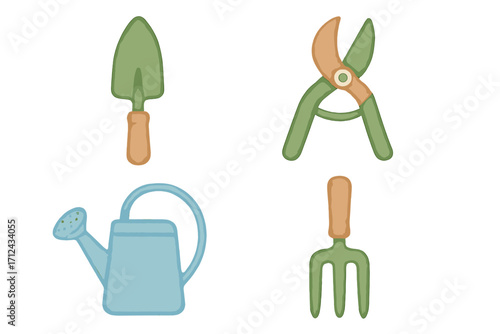 Tools for gardening displayed in bright colors including a trowel, pruners, watering can, and garden fork