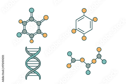 Diverse chemical molecular structures and DNA double helix representing scientific concepts and biological processes