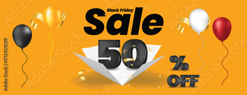 Black Friday Social Media Cover Banner Template with Product Sale Promotions, Retail Advertisement Deals, Hot Discount Offers, Horizontal Web Banner Ads with 3d offer text on open gift box background