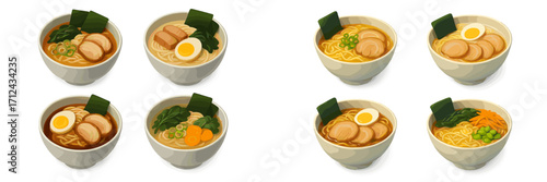 Collection of traditional Japanese ramen noodle soup bowls with pork, egg, and fresh vegetable toppings