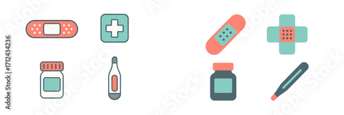 Colorful illustrations of medical supplies including bandages, bottles, and thermometers for health awareness