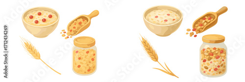 Colorful granola in various containers with wheat stalks on a white background showcasing healthy snacks from nature