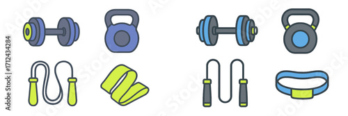 Various fitness equipment for exercise and workout, including dumbbells, kettlebells, jump ropes, and resistance bands