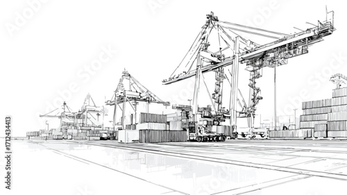 Cargo Port Outline with Cranes and Containers for Logistics Industry Professionals