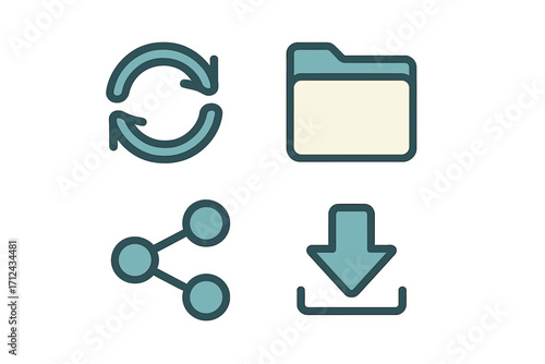Icon set depicting file management activities including sync, folder access, sharing options, and downloads in a minimal design