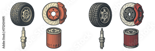 Essential automotive components set featuring car tire, brake disc with caliper, spark plug, and oil filter for vehicle service