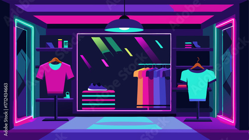 A fitness apparel store with vibrant neon lights and minimalist decor.