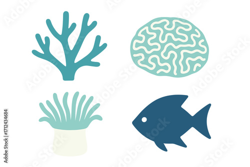 Set of stylized marine life elements featuring various coral types, sea anemone, and a fish for underwater designs and aquatic themes