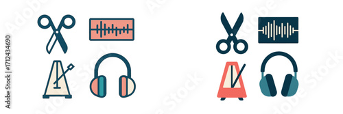 Modern audio production and music editing tools with sound wave, metronome, headphones, and scissors icons