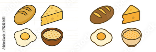 Collection of essential food items for daily meals featuring bread, cheese, fried egg, and a bowl of rice