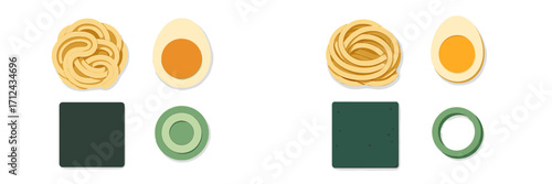 Different types of pasta and sushi ingredients displayed on a minimalist background