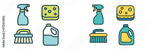 Cleaning supplies including spray bottles, sponges, and brushes arranged neatly on a light background