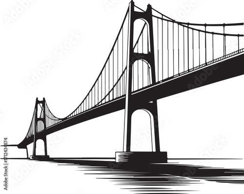 Suspension Bridge Silhouette Black and White Vector Architectural Landmark Illustration