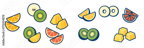 Colorful array of sliced fruits arranged in a playful and artistic style showcasing freshness and variety