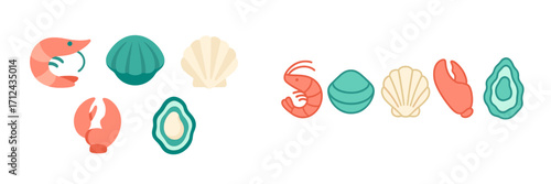 Colorful illustrations of seafood featuring shrimp, shells, and lobsters arranged in a visually appealing display