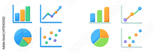 Colorful icons of graphs and charts for data visualization and analysis in business presentations and reports