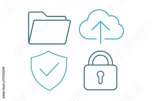 Essential digital data management, cloud storage, and cybersecurity protection line icons for web and mobile interfaces