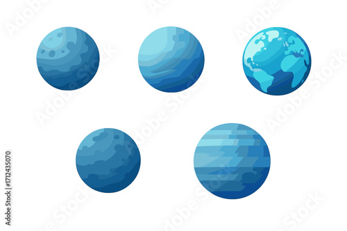 A vibrant collection of stylized blue planets and moons representing celestial bodies in the vastness of space