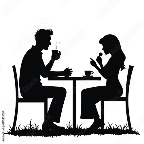 Couple silhouette drinking coffee and eating ice cream outdoors