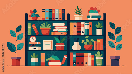 A floortoceiling bookshelf filled with books plants and trinkets of various shapes and sizes.