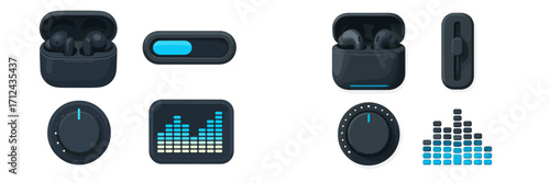 Modern wireless earbuds and sound control icons in a sleek design for music lovers