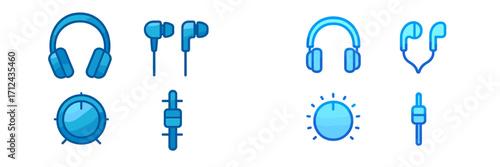 Various audio equipment icons showcasing headphones, earphones, and sound controls in a flat design style