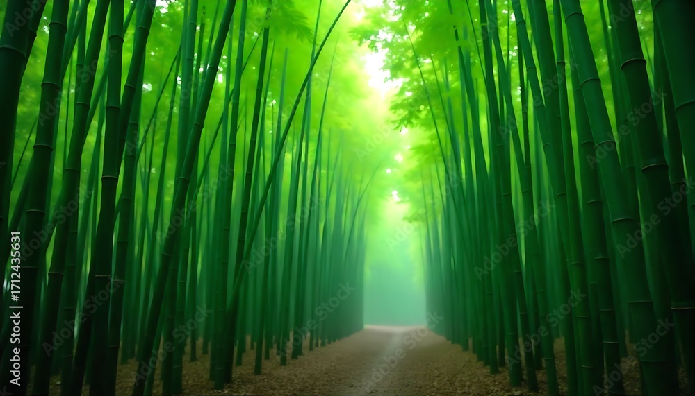 Fototapeta premium Serene bamboo forest path bathed in ethereal green light, a peaceful journey through nature's embrace.