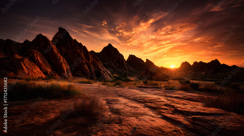 Naklejka premium Fiery Sunset Over Rocky Peaks A Majestic Desert Landscape with Warm Tones and Dramatic Lighting Creating a Sense of Awe
