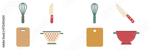 Cooking tools and utensils arranged on a clean surface for meal preparation and culinary activities in a bright kitchen setting