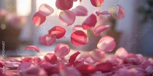 Delicate pink rose petals falling gracefully creating a soft and romantic swirling cascade