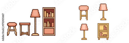 Retro pixel art style home interior furniture elements including stools, floor lamps, and bookshelves